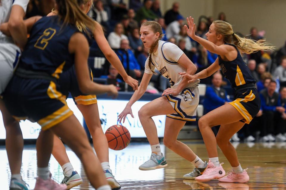 O’Gorman’s guard Mahli Abdouch (15) runs with the ball on Tuesday, Jan. 30, 2024 at O'Gorman High School in Sioux Falls.