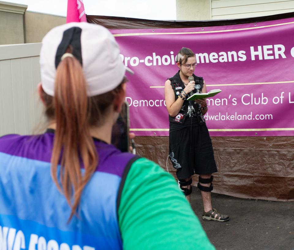 Jaden "Spike" Poma of Lakeland speaks during an event at the Lakeland Women's Health Center in May. Poma, a transgender man, said he was suicidal before beginning his medical transition as a teen and worries that some minors denied that option may take their own lives.