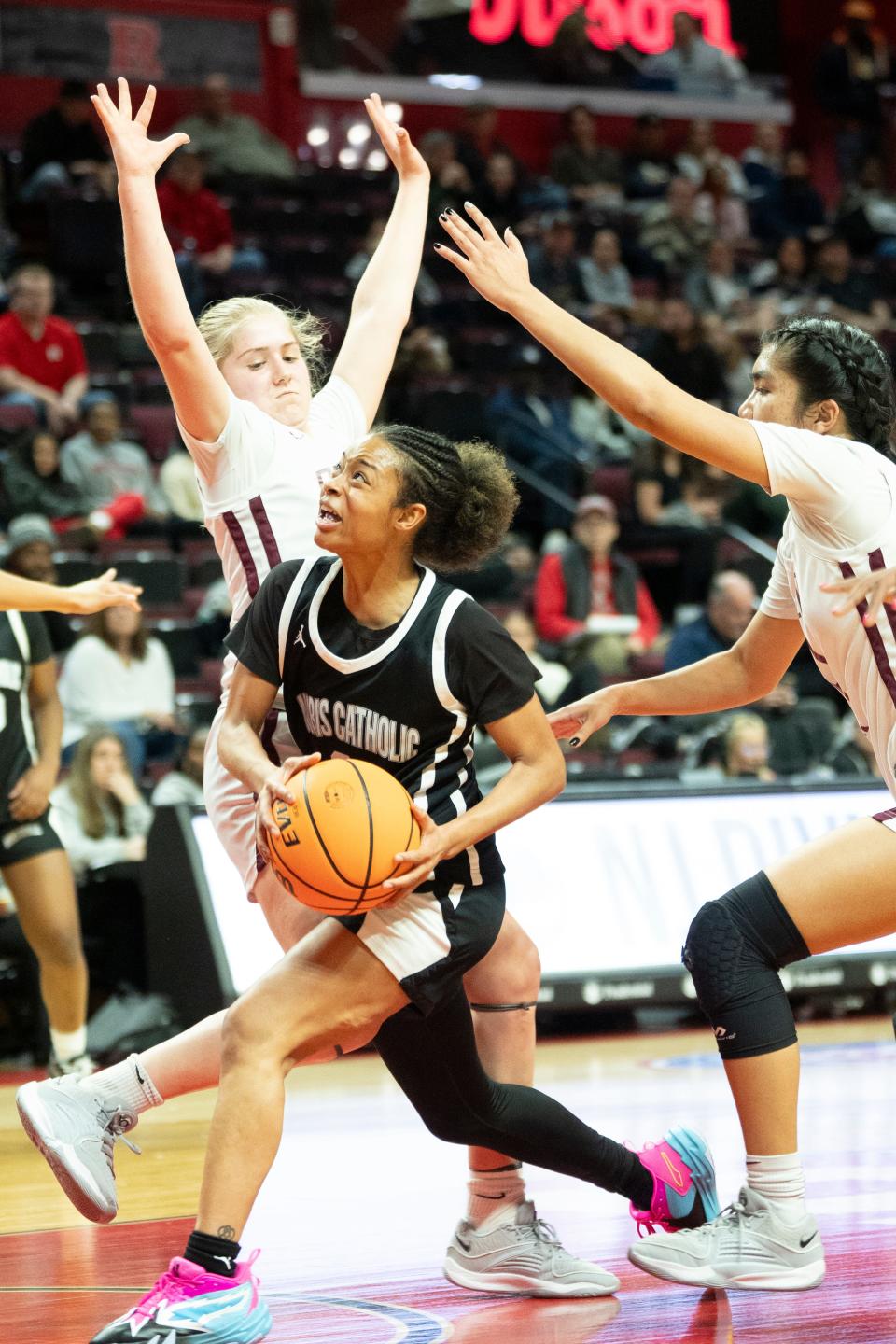 Mar 8, 2024; Piscataway, NJ, USA; Morris Catholic vs. Rutgers Prep in the NJSIAA Non-Public B Girls Basketball Final at Rutgers Athletic Center. MC #2 Mya Pauldo drives to the basket.