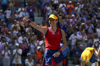 Emma Raducanu, of Great Britain, reacts after defeating Belinda Bencic, of Switzerland, during the quarterfinals of the US Open tennis championships, Wednesday, Sept. 8, 2021, in New York. (AP Photo/Elise Amendola)
