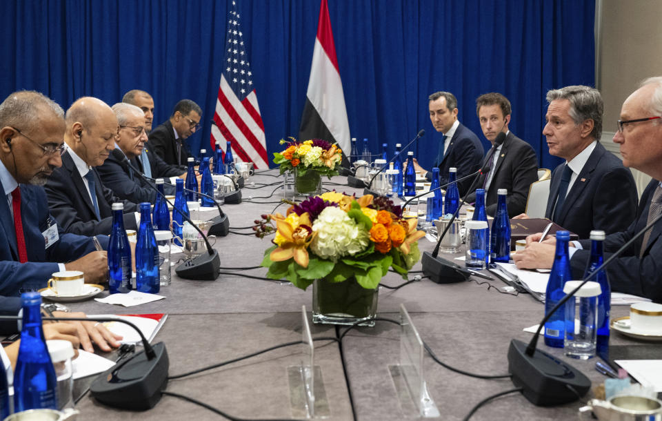 Secretary of State Antony Blinken speaks as he meets with Rashad Al-Alimi, second from left, Yemen Chairman of the Presidential Leadership Council, Monday, Sept. 18, 2023, in New York. (AP Photo/Craig Ruttle, Pool)