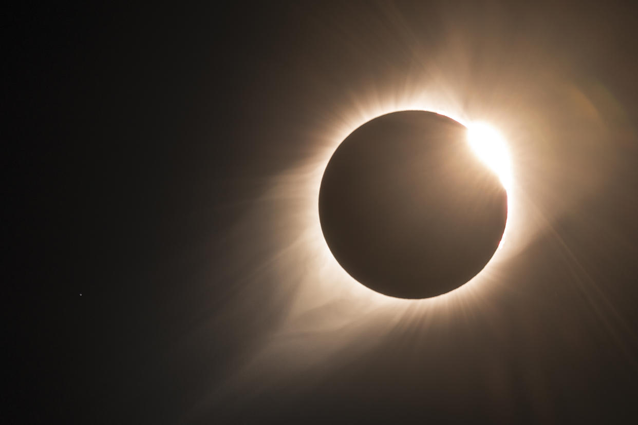 The great North American total eclipse 2017, This is the moment when totality comes to an end and the famous diamond ring is visible, the sun's corona is also still visible with the star Regulus, this is the brightest star in the constellation of Leo and one of the brightest stars in the night sky, lying approximately 79 light years from the Sun (just to the left of the eclipse).