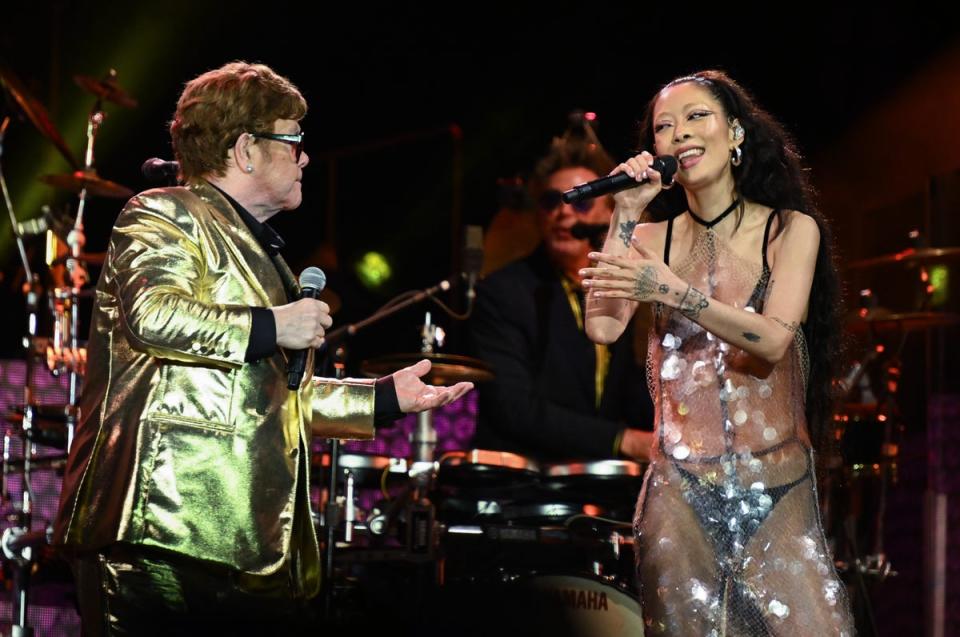 Elton John brings out Rina Sawayama for ‘Don’t Go Breaking My Heart’ (Leon Neal/Getty)