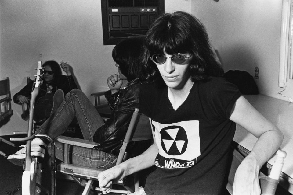 <p>Joey Ramone backstage at the Paradise Theater (now the Paradise Rock Club) in Boston, Massachusetts, March 22, 1978. In the background are bassist Dee Dee Ramone and drummer Tommy Ramone.</p>