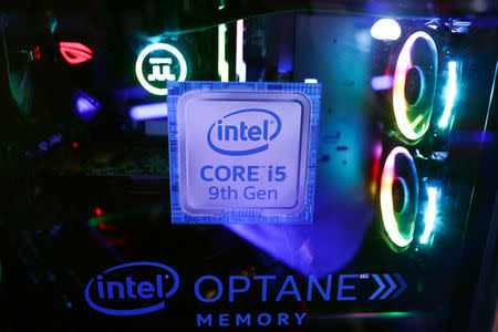 The Intel logo is seen on a computer at the Thailand Game Show 2018 in Bangkok, Thailand, October 26, 2018. REUTERS/Athit Perawongmetha