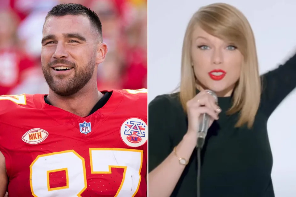 <p>Kara Durrette via AP; Taylor Swift/ Youtube</p> Travis Kelce (left); Taylor Swift in the "Shake it Off" music video