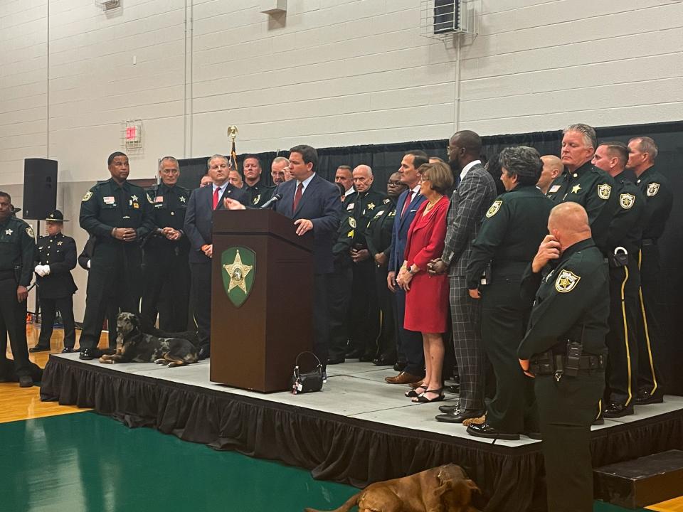 Gov. Ron DeSantis visits West Palm Beach to announce his support for a second round of $1,000 bonus checks for law enforcement and first responders in Florida. DeSantis spoke at the Palm Beach County Sheriff's Office off Cherry Road in West Palm Beach on March 31, 2022.