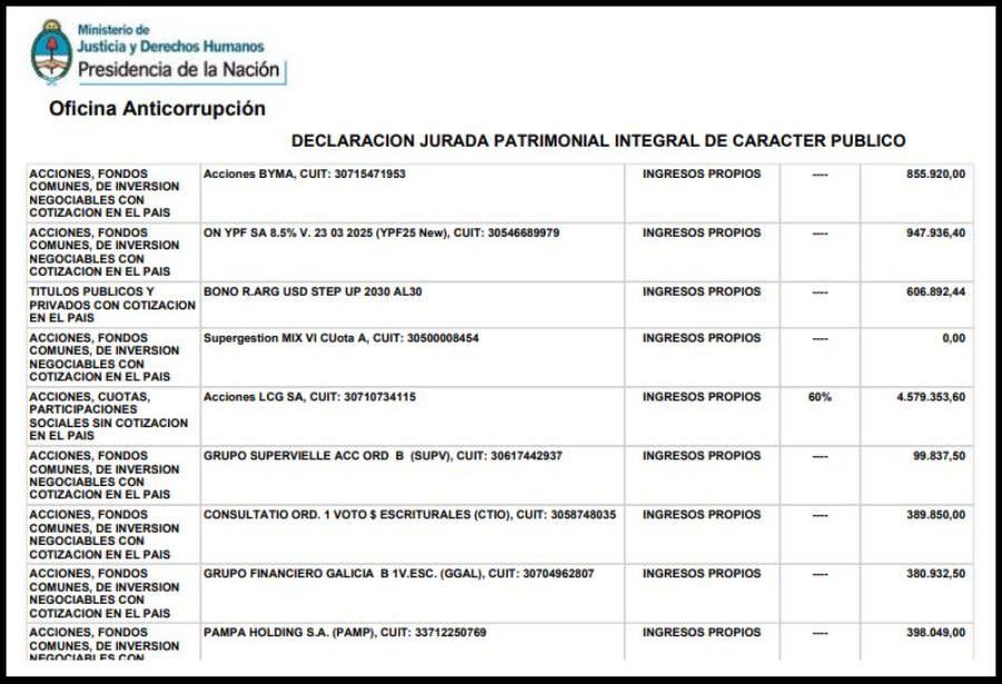 La declaración jurada de Lousteau refleja que cuenta con el 60% del paquete accionario de la consultora LCG S.A.