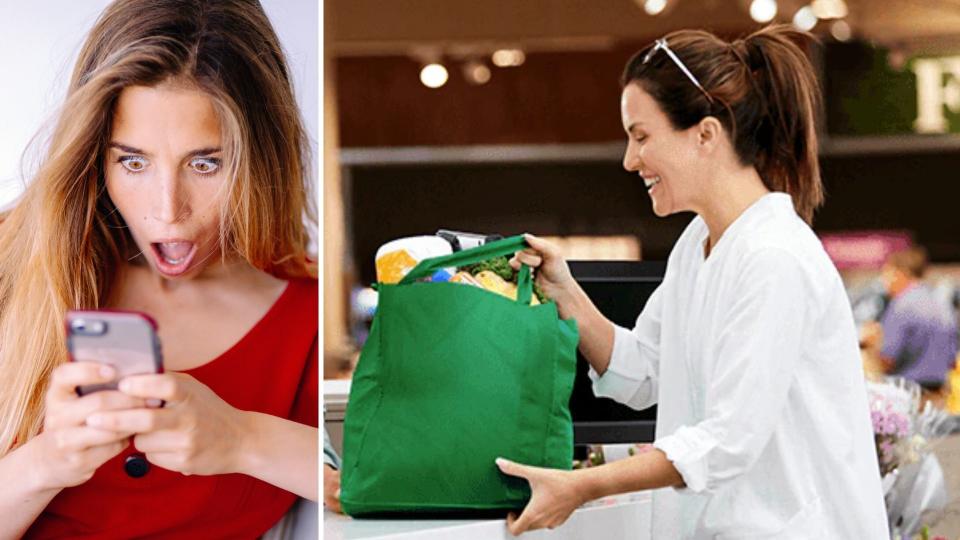 A shocked woman looking at her phone on the left, and another woman picking up her grocery oreder at Woolworths.