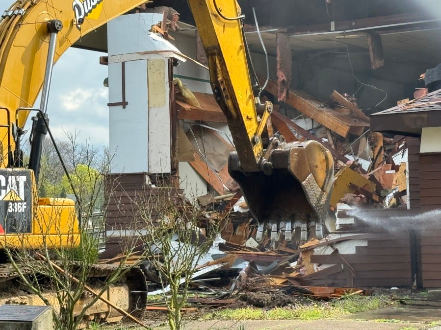 The lodge at Martin Luther King Jr. Park in Grand Rapids is torn down on April 17, 2024.