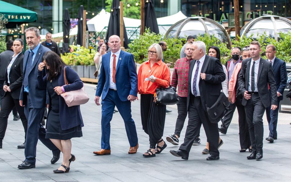 Families of the Manchester Arena attack victims walk into Manchester Magistrates Court on Thursday afternoon - James Speakman/Mercury Press 