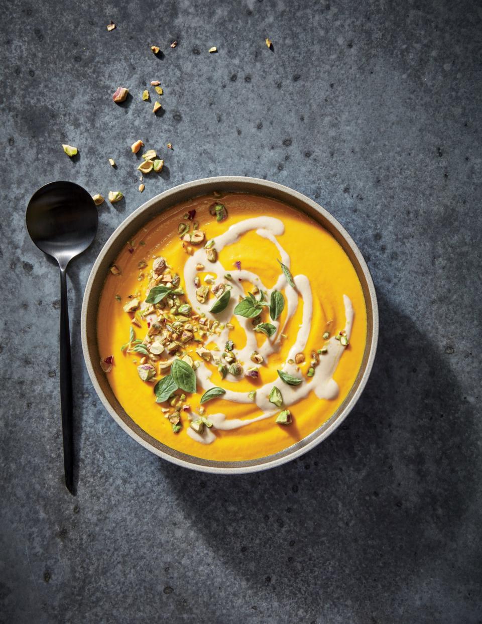 Tahini-Carrot Soup with Pistachios