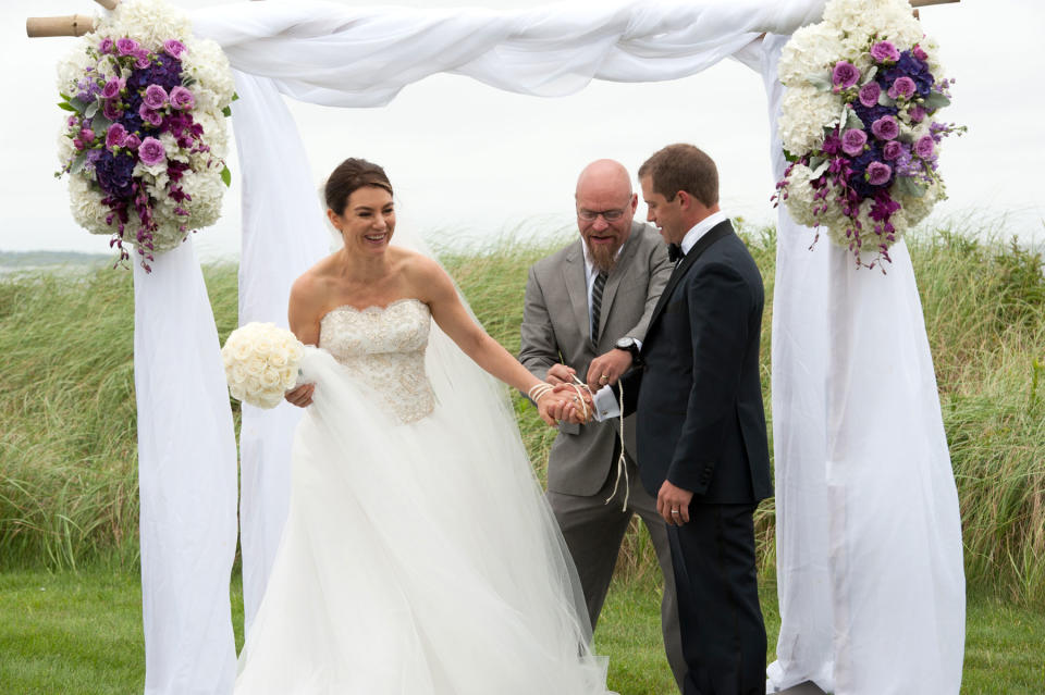 <p>The bride and groom during the ceremony</p>