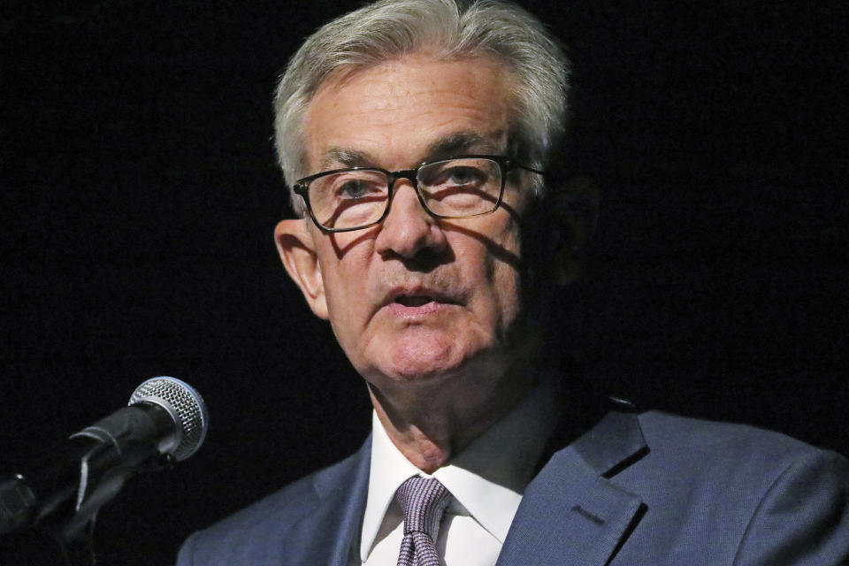 Federal Reserve Chairman Jerome Powell speaks Monday, Oct. 7, 2019, in Salt Lake City, before the premiere of a film commemorating Marriner Eccles, who led the Fed from 1934 until 1948. Powell is stressing the importance of an independent central bank "absolutely free" from politics. Powell's comments Monday in Salt Lake City came after President Donald Trump has repeatedly pressured Powell to lower interest rates and said the United States is missing out on economic opportunities because of "boneheads" at the Federal Reserve. (AP Photo/Rick Bowmer)