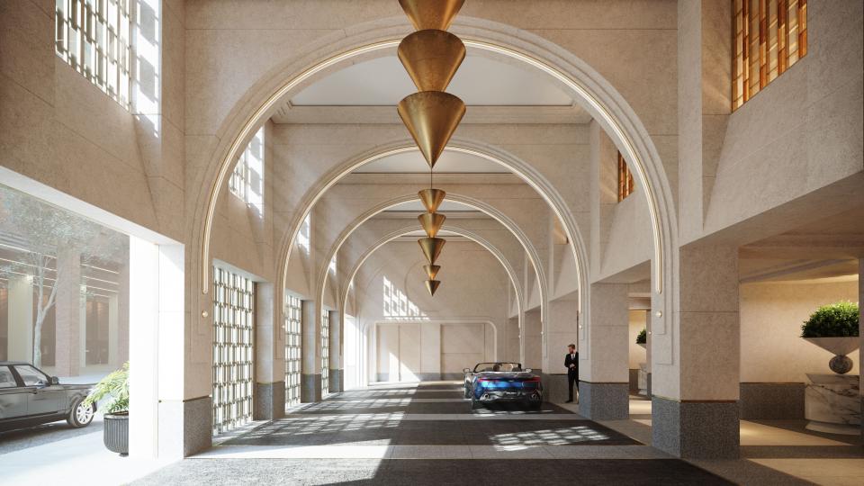The sweeping entrance at the Waldorf Astoria, opening early in 2023.