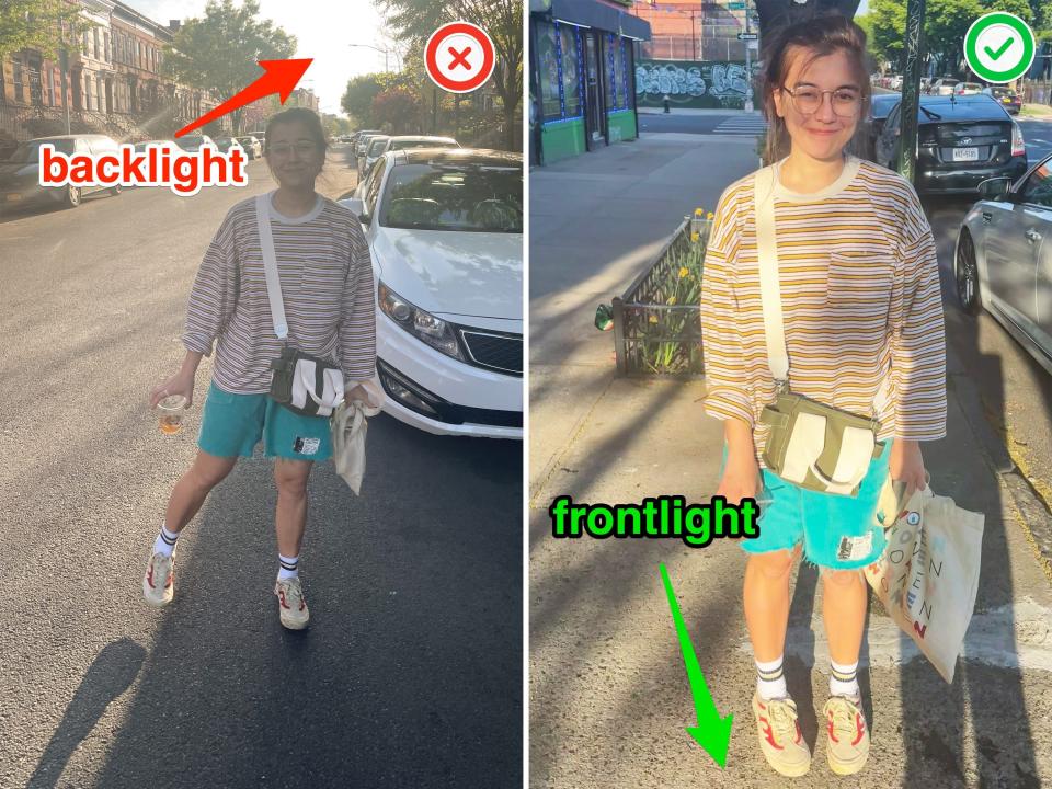 Side by side images of the author on a street wearing blue shorts and a yellow striped shirt.