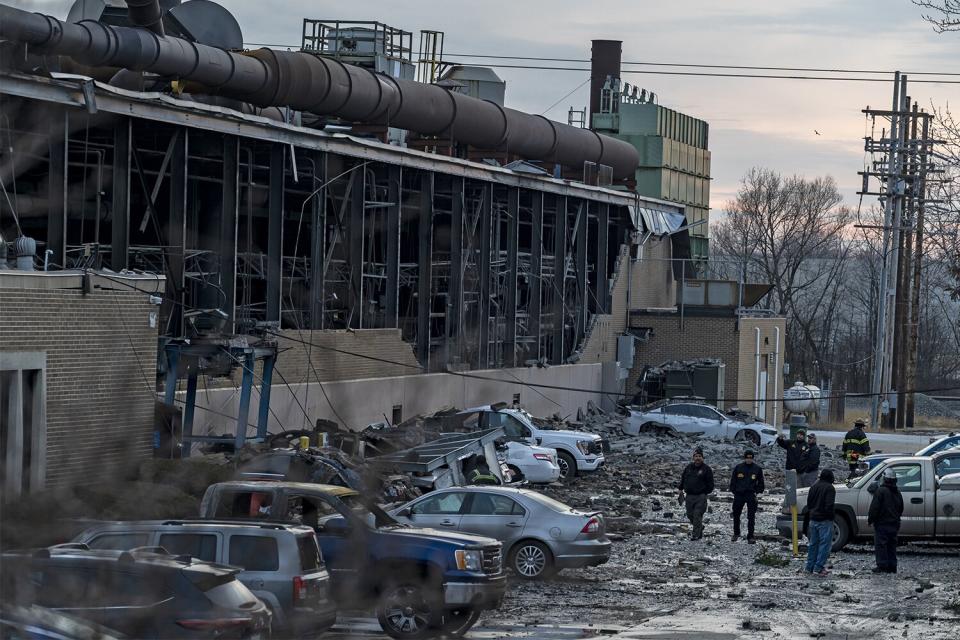 BEDFORD, OH - FEBRUARY 20: Debris covers the ground and nearby cars after an explosion at the I. Schumann & Co. metals plant, sending 14 people to the hospital on February 20, 2023 in Bedford, Ohio. It still remains unclear what caused the explosion. The explosion occurred just 70 miles north of East Palestine, Ohio, where a train derailed releasing toxic chemicals on February 3rd, 2023. (Photo by Michael Swensen/Getty Images)