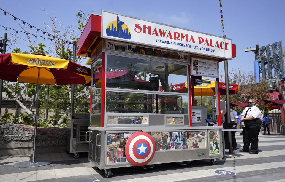 The Shawarma Palace cart appears at the Avengers Campus media preview at Disney's California Adventure Park on Wednesday, June 2, 2021, in Anaheim, Calif. (AP Photo/Chris Pizzello)
