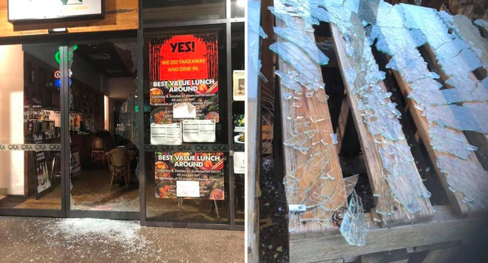 Damage Mr Yeh&#39;s restaurant sustained in 2019. He says he fears similar attacks everyday. Source: Supplied