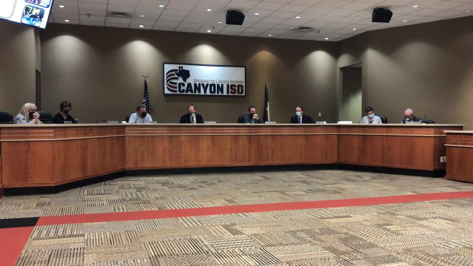 Members of the Canyon ISD Board of Trustees deliberate in this file photo of a past regular meeting.