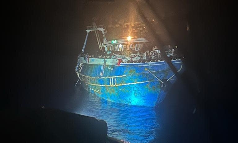 <span>The Adriana, an ageing fishing trawler, sank off south-west Greece on 14 June 2023. An estimated 600 men, women and children died in the shipwreck. </span><span>Photograph: Greek Coast Guard/Anadolu Agency/Getty Images</span>