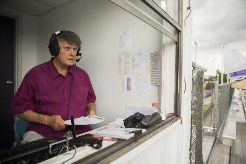 WGCL radio announcer Joe Smith calls a football game at Bloomington South on Aug. 17, 2018. The veteran radio man is a member of the 2020 Monreo County Sports Hall of Fame class. (Chris Howell / Herald-Times)