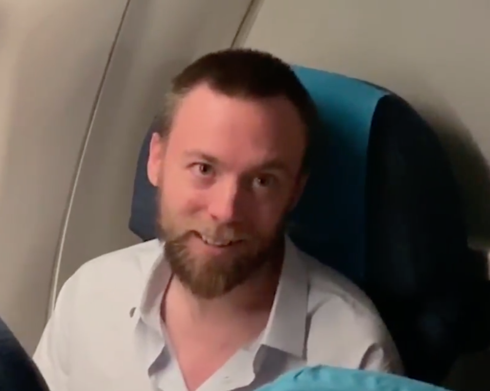 Jack Shepherd on the flight from Tbilisi to London being questioned by reporters. (Sky News)