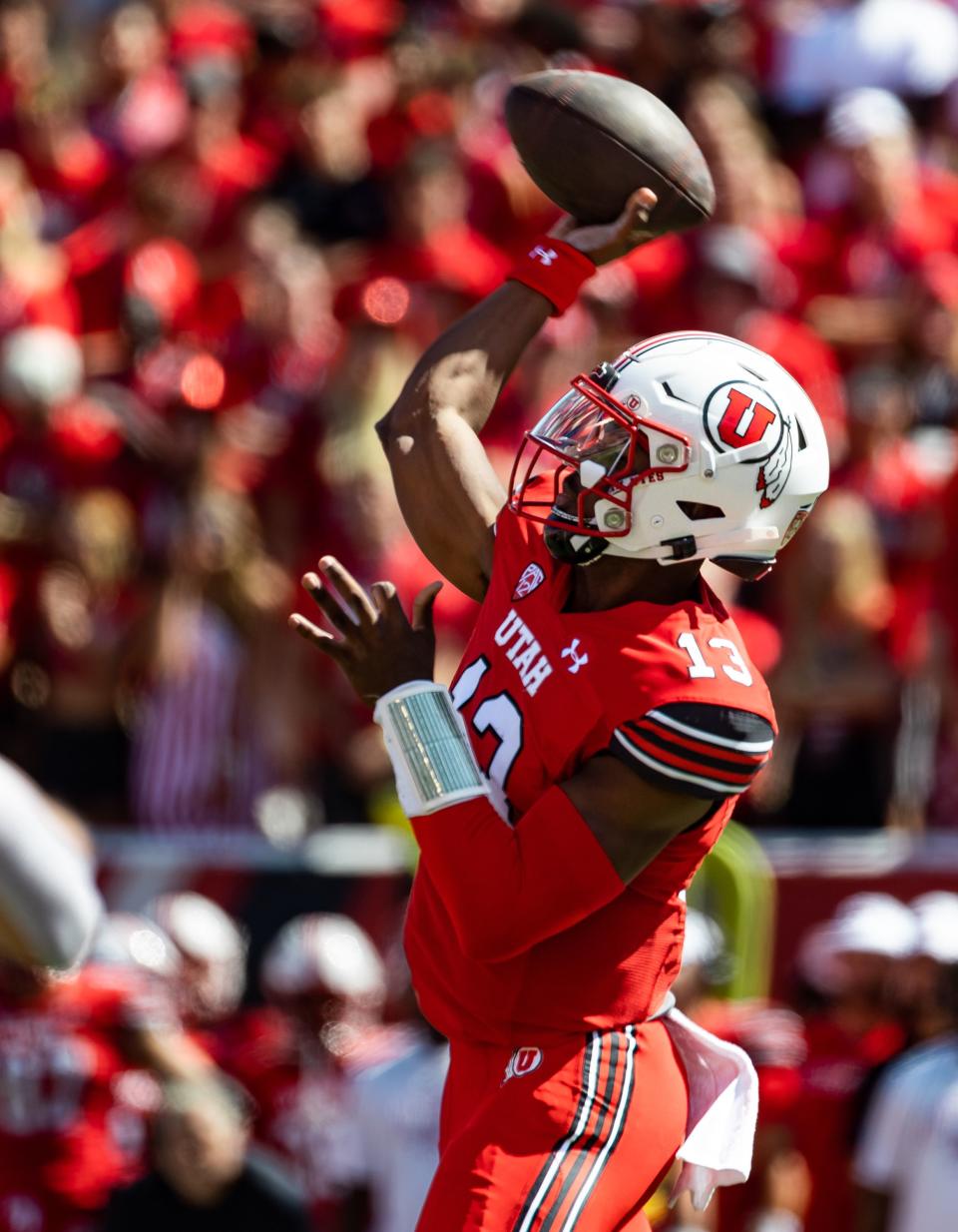 Utah Utes quarterback Nate Johnson (13) throws the ball during their football game against the Weber State Wildcats at Rice-Eccles Stadium in Salt Lake City on Saturday, Sept. 16, 2023.