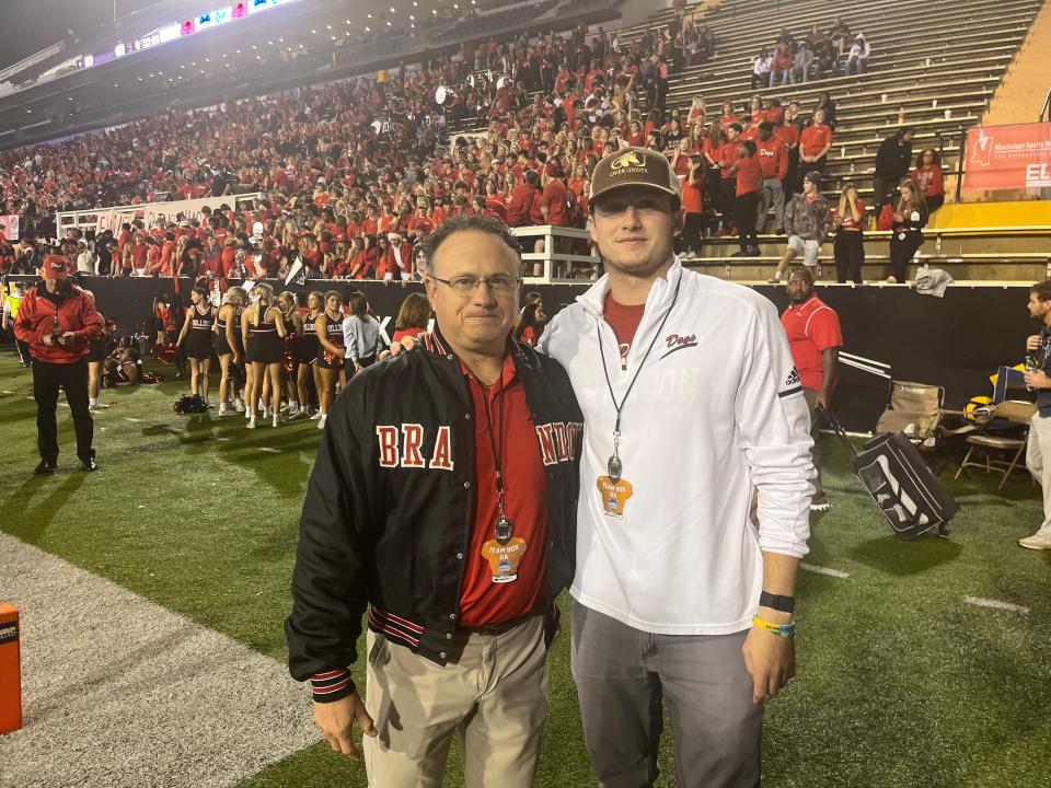 Mississippi State football quarterback Will Rogers and his father Wyatt Rogers prior to the MHSAA Class 6A title game on Dec. 3, 2022. Wyatt Rogers is Brandon's offensive coordinator.