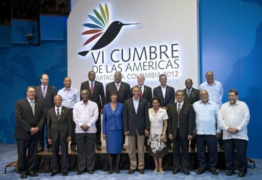 Leaders pose for the family picture during the VI Americas Summit at the Julio Cesar Turbay Ayala Convention Center in Cartagena, Colombia. Cuba has yet to take part in a Summit of the Americas, a regular meeting sponsored by the US-based Organization of American States (OAS)