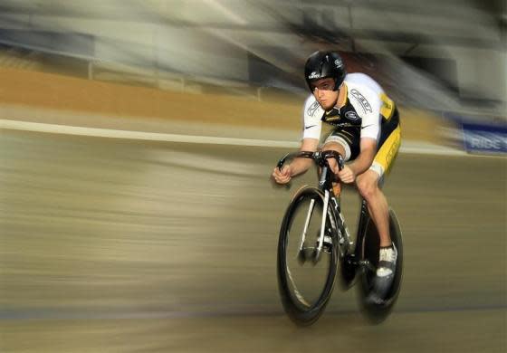 Track cycling sprinter Kevin Mansker of the U.S. trains for the London 2012 Olympics in Carson, near Los Angeles, California, April 11, 2012.