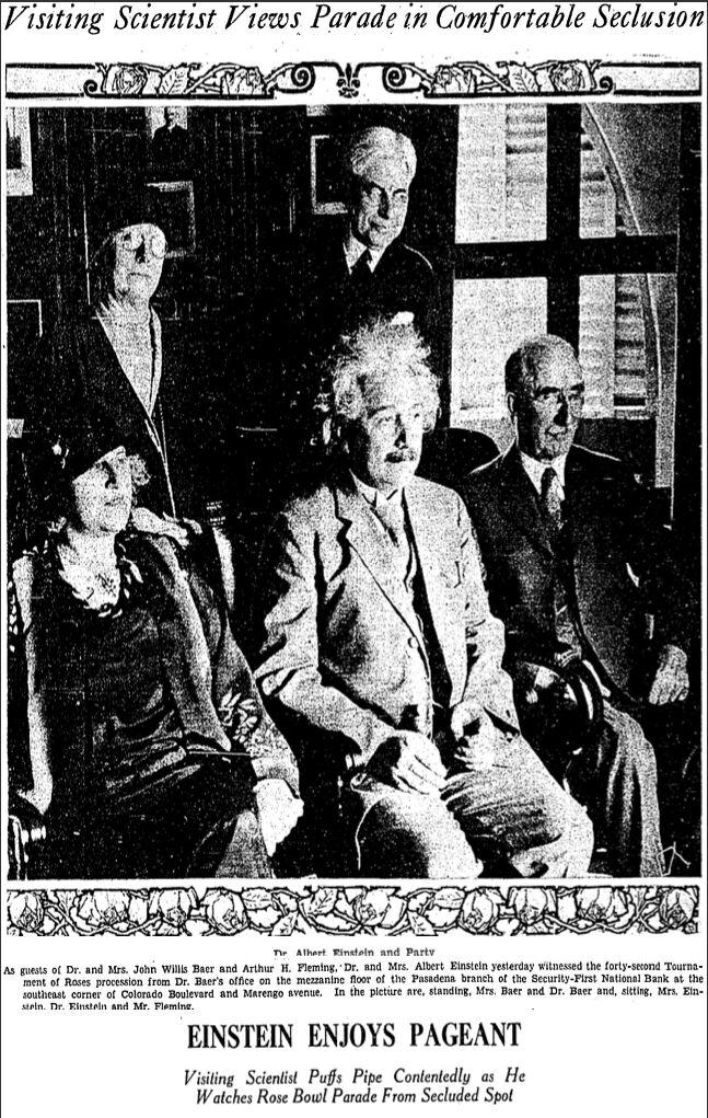 The headlines read: "Visiting scientist views parade in comfortable seclusion;" and: "Einstein enjoys pageant."