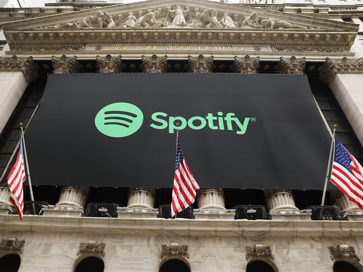 The Spotify banner hangs from the New York Stock Exchange: Getty Images