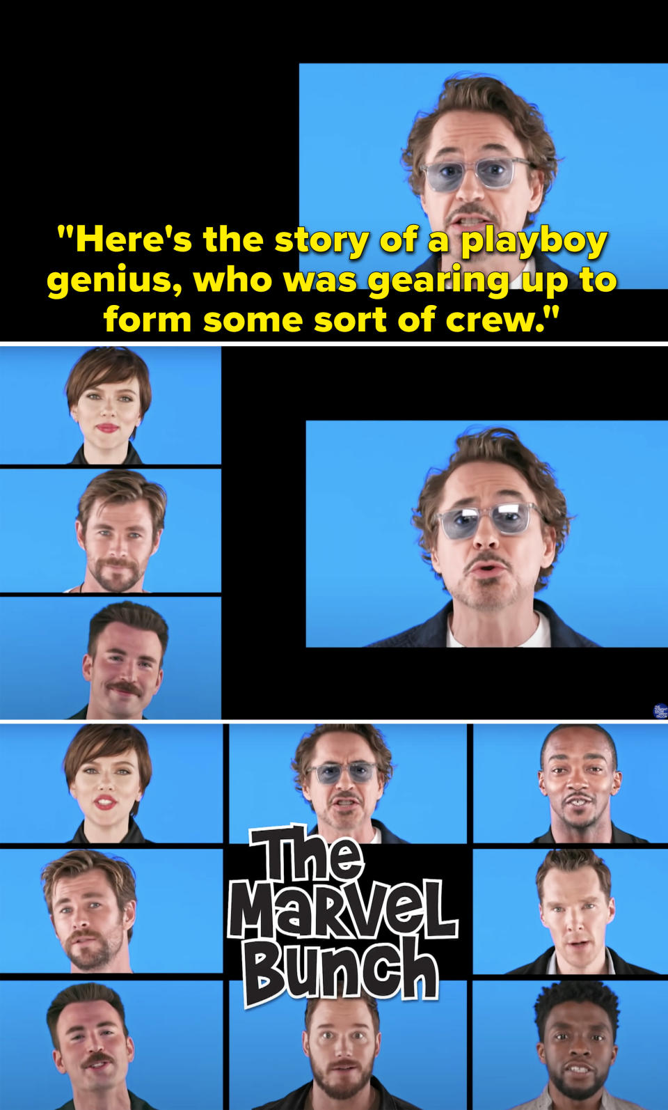 Robert Downey Jr singing, "Here's the story of a playboy genius, who was gearing up to form some sort of crew"