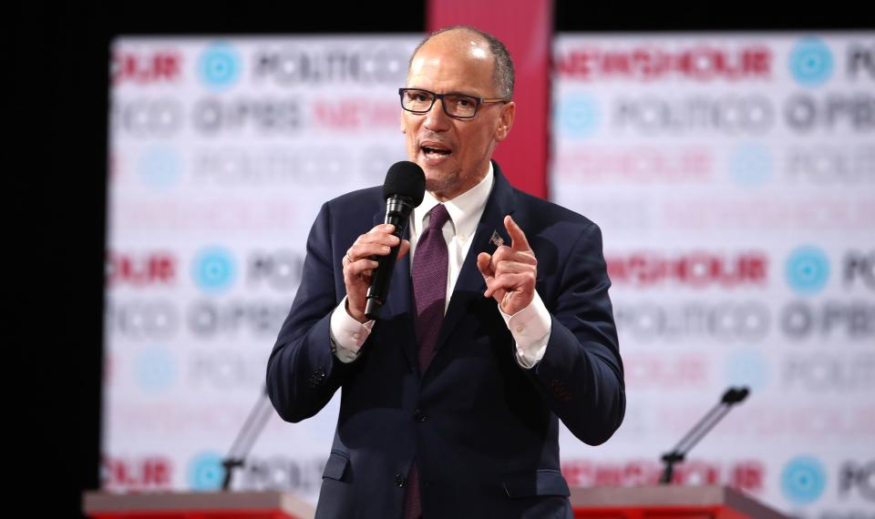 Democratic National Committee Chairman Tom Perez speaks to the audience ahead of the Democratic presidential primary debate at Loyola Marymount University on Dec. 19, 2019 in Los Angeles.