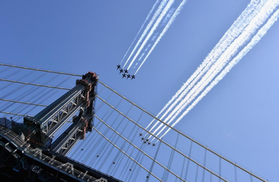 The Blue Angels and Thunderbirds fly over New York in a salute to health care workers on 28 April, 2020 (Angela Weiss/AFP via Getty Images)