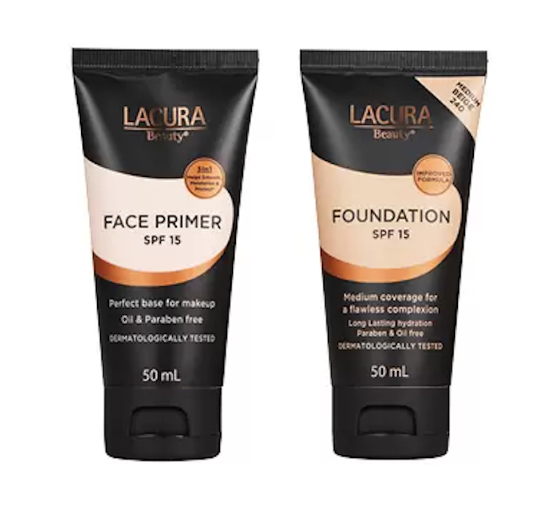 The Aldi Lacura face primer and foundation pictured side by side. 