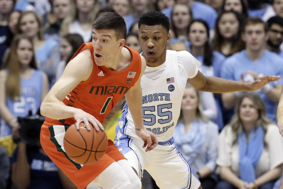 Miami guard Dejan Vasiljevic (1) dribbles while North Carolina guard Christian Keeling (55) defends during the first half of an NCAA college basketball game in Chapel Hill, N.C., Saturday, Jan. 25, 2020. (AP Photo/Gerry Broome)