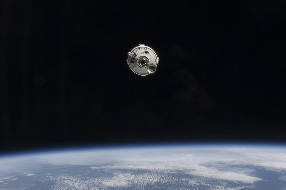 In this photo provided by NASA, the Boeing Starliner spacecraft with astronauts Butch Wilmore and Suni Williams aboard approaches the International Space Station on Thursday, June 6, 2024. (NASA via AP)
