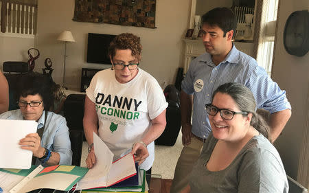 Democratic candidate Danny O'Connor meets with campaign volunteers ahead of a special election in Ohio's 12th congressional district in Dublin, Ohio, U.S., July 15, 2018. Picture taken July 15, 2018. REUTER/Tim Reid