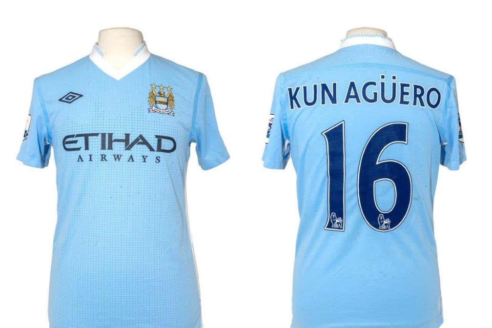 Sergio Aguero’s number 16 shirt, which he wore while scoring the 2011-12 Premier League title winning goal