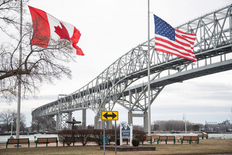 International Flag Plaza near the Blue Water Bridge in Port Huron, Mich., on March 18, 2021.