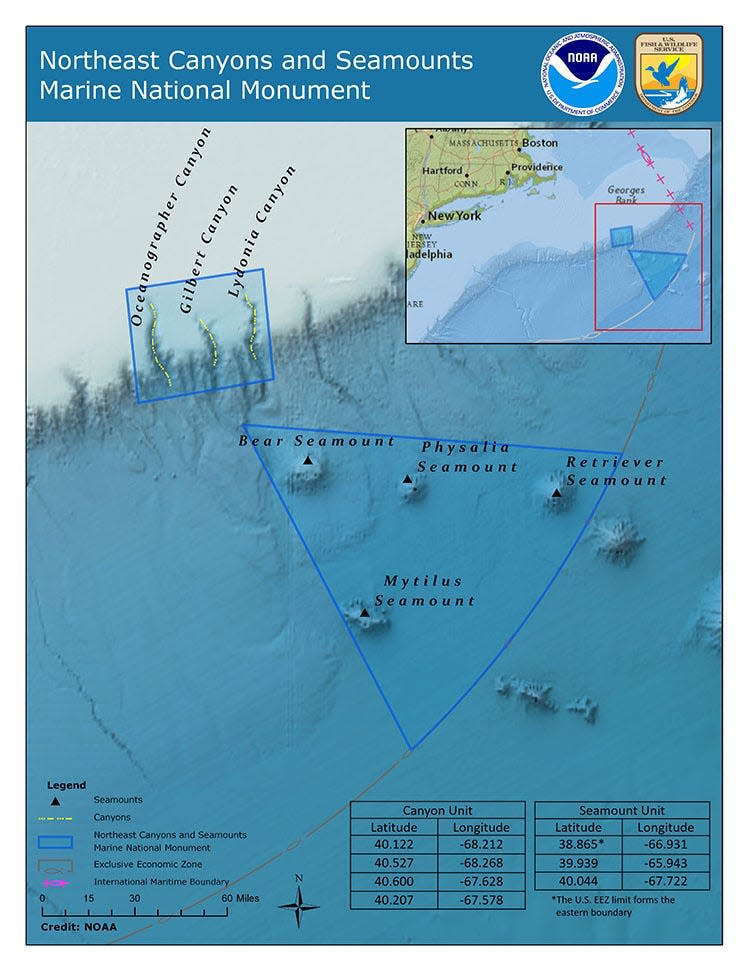 A map shows the Northeast Canyons and Seamounts Marine National Monument, located about 130 east-southeast of Cape Cod. It is the only marine monument in the U.S. Atlantic Ocean.
