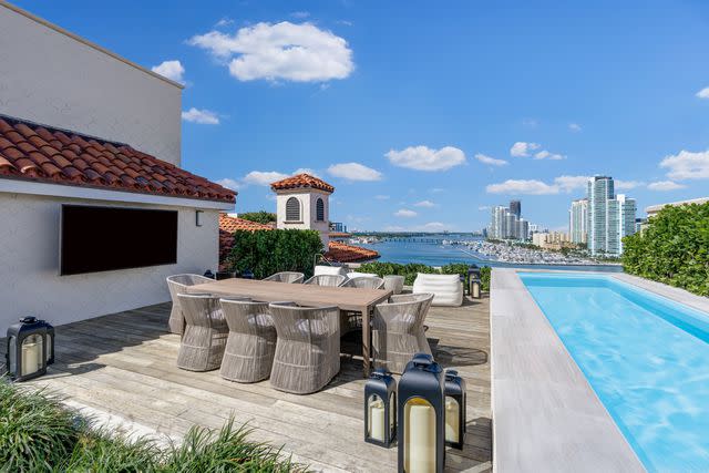 <p>Dina Goldentayer/Legendary Productions</p> The outdoor deck and pool with views of Miami