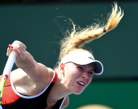 Mar 12, 2018; Indian Wells, CA, USA; Caroline Wozniacki (DEN) during her third round match against Aliaksandra Sasnovich (not pictured) in the BNP Paribas Open at the Indian Wells Tennis Garden. Mandatory Credit: Jayne Kamin-Oncea-USA TODAY Sports