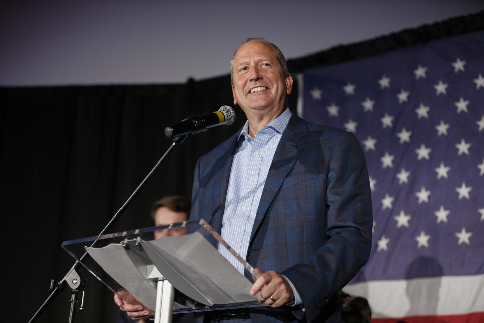 North Carolina 9th district Republican congressional candidate Dan Bishop celebrates his victory in Monroe, N.C., Tuesday, Sept. 10, 2019. (AP Photo/Nell Redmond)