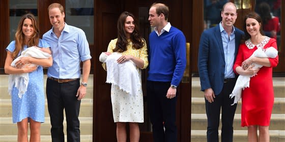 Prince William and Catherine, Duchess of Cambridge, pose outside St. Mary's Hospital in London following the births of their children, Prince George (2013), Princess Charlotte (2015) and Prince Louis (2018). (Getty Images)