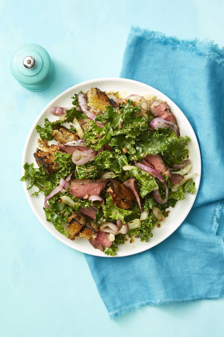 <p>This salad has a fun crunch with some fresh onions and stays hearty with delicious slices of steak. </p><p><em><a href="https://www.womansday.com/food-recipes/food-drinks/a21052947/steak-and-rye-panzanella-recipe/" rel="nofollow noopener" target="_blank" data-ylk="slk:Get the Steak and Rye Panzanella recipe.;elm:context_link;itc:0;sec:content-canvas" class="link ">Get the Steak and Rye Panzanella recipe. </a></em></p>