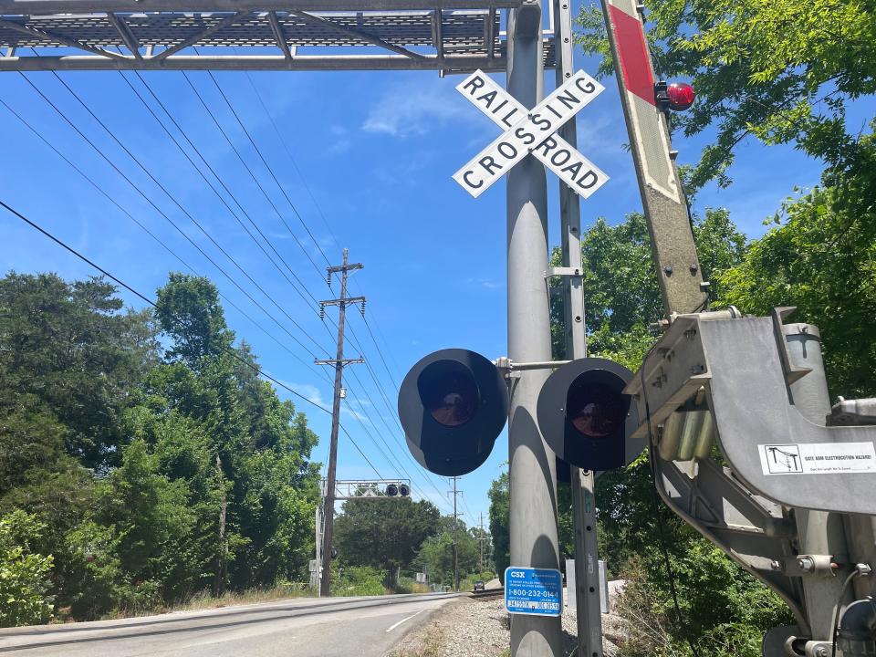 A railroad crossing on Ball Camp Pike, where Maria Gaspar, 16, was killed April 13 when the driver of the vehicle she was in fled a Knox County Sheriff's Office deputy and wrecked. The driver, a 16-year-old boy, also died.