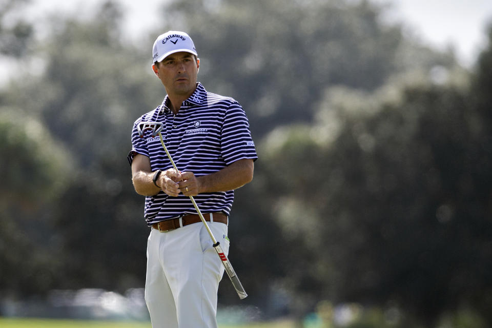 Kevin Kisner reacts to a missed birdie putt on the first green during the final round of the RSM Classic golf tournament, Sunday, Nov. 22, 2020, in St. Simons Island, Ga. (AP Photo/Stephen B. Morton)